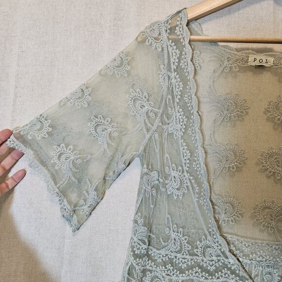 Pol Light Sage Green Lace Kimono Topper Swim Cover-up Boho Cottage Small Medium - Picture 3 of 8